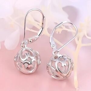 Silver Hollow Filigree Ball Charm Dangle Earrings Retro Heart Drop Pendant Round